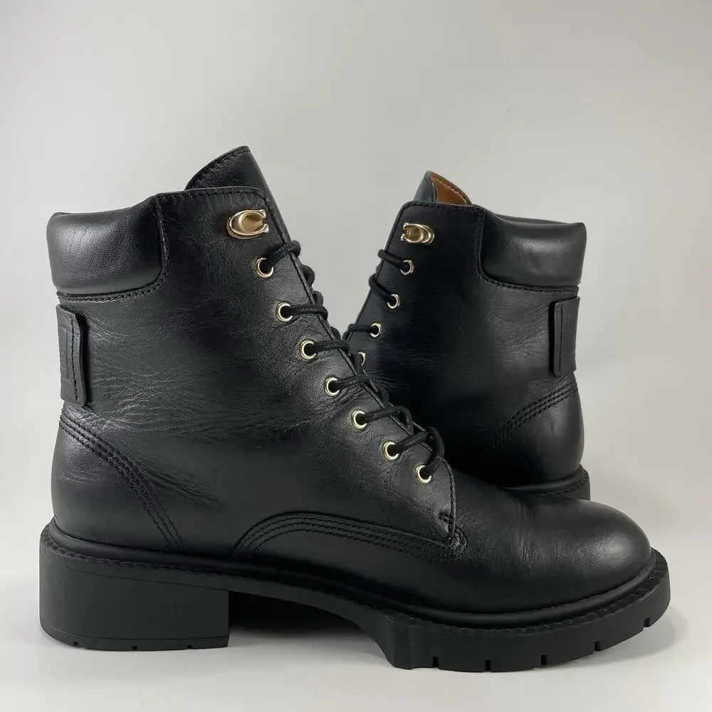 Coach Lorimer Black Leather Combat Boots Womens Size 8.5 B G5293 Chunky Lug Sole